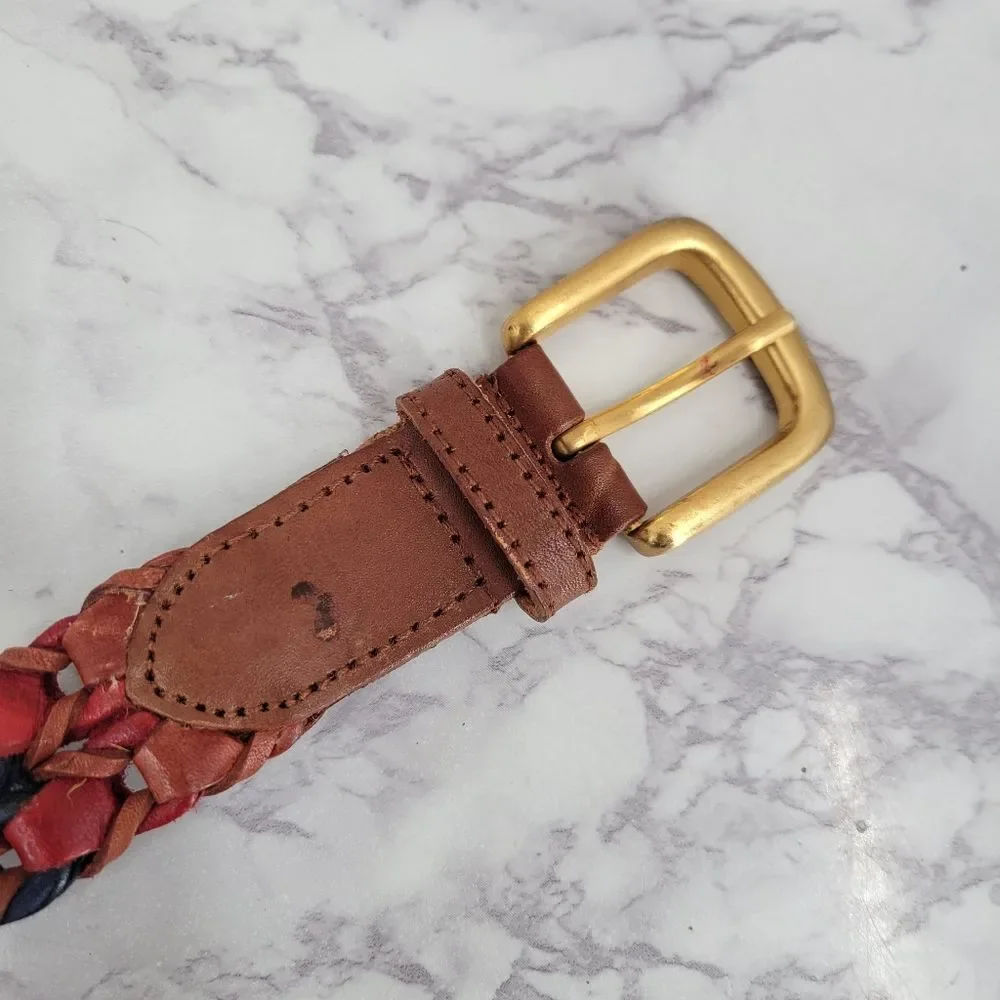 Vintage Woven Multicolor Leather Belt with Gold Tone Buckle